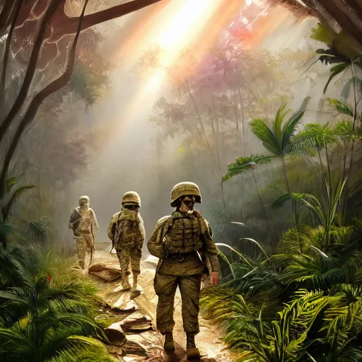 Image similar to Painting of an American soldiers walking through the dense jungles of Vietnam, dim lighting, god rays, trending on artstation, incredibly high detail, 4k resolution, shadows