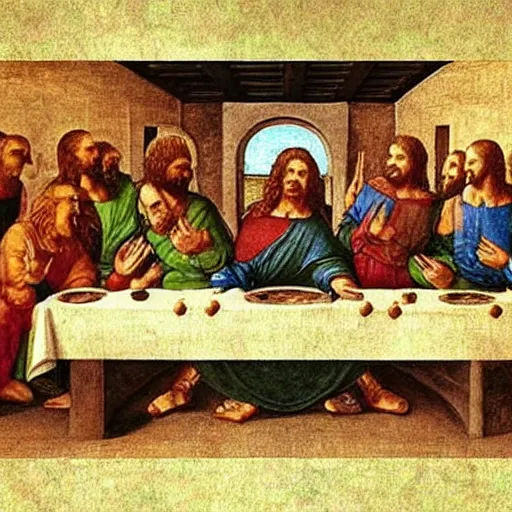 Image similar to the power rangers eating at the last supper with jesus painting by leonardo da vinci