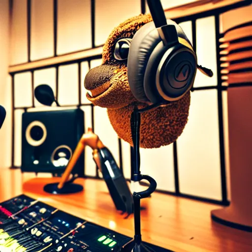 Prompt: turtle with headphones singing in music studio