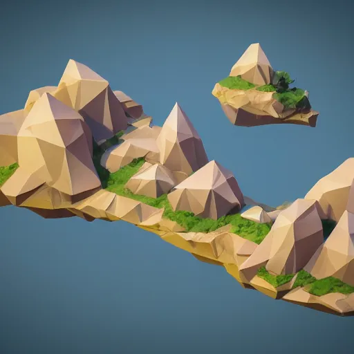 Image similar to floating island in the sky, low poly, isometric art, 3d art, high detail, artstation, concept art, behance, ray tracing, smooth, sharp focus, ethereal lighting