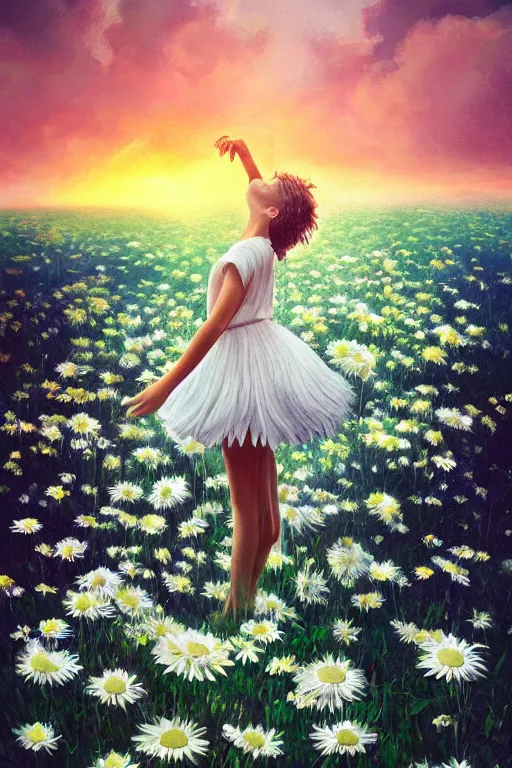 Prompt: veil made of giant white daisy flower, girl dancing in a flower field, surreal photography, sunrise, dramatic light, impressionist painting, colorful clouds, digital painting, artstation, simon stalenhag