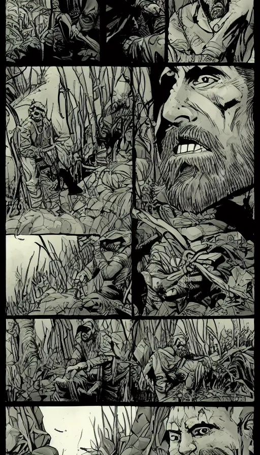 Image similar to multi - panel page from a highly detailed horror comic. a handsome rugged bearded man treks through a jungle wearing a backpack. exhausted, he stands on the edge of a cliff looking at distant mountains. ink.