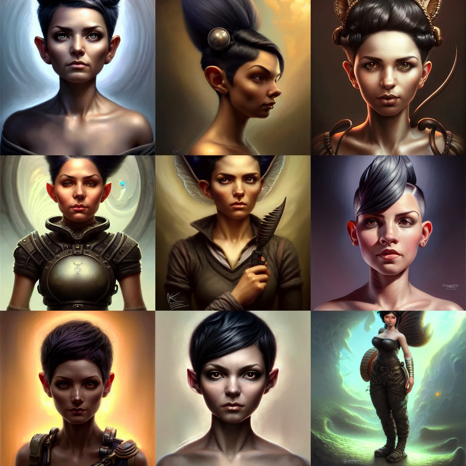 Prompt: full body portrait of a beautiful cute realistic determined female gnome engineer, black pixie undercut haircut, charming, intense stare, micro detail, intricate, elegant, highly detailed, centered, artstation, sharp focus, illustration, artgerm, tomasz alen kopera, peter mohrbacher, donato giancola, wlop