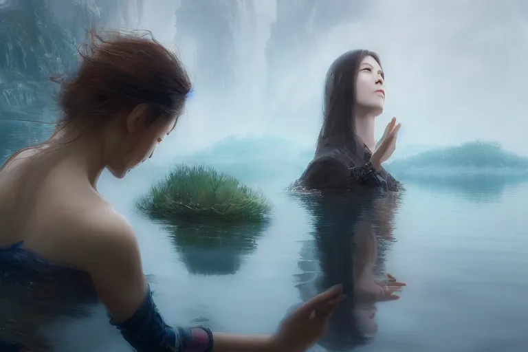 Image similar to first person perspective of a woman looking at her hands full of rings, the woman is reflected in the water of a lake, in the style of ruan jia, illustration, epic, fantasy, hyper detailed, smooth, unreal engine, sharp focus, ray tracing