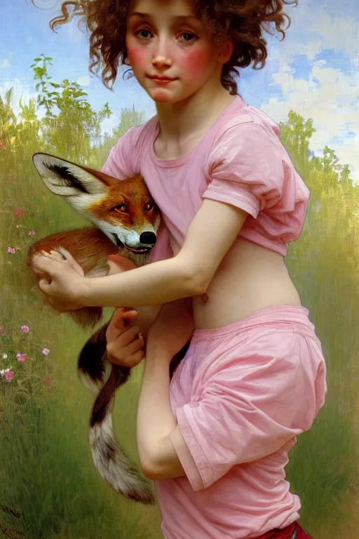 Image similar to a seven - year old freckle - faced girl with long curly dirty blonde hair, blue eyes, tan skin a pink tee shirt and shorts, playing with a fox, painting by daniel gerhartz, alphonse mucha, bouguereau, detailed art, artstation