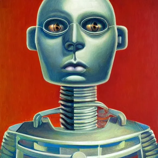 Prompt: intricate and refined, super - intelligent robot with kind eyes portrait, grant wood, pj crook, edward hopper, oil on canvas