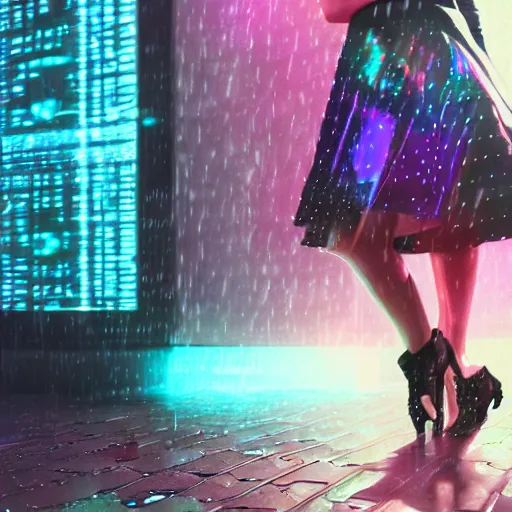 Prompt: hyperdetailed realistic digital painting of a beautiful wet girl wearing a short skirt in the rain interacting with a holographic interface on a wall in a future cyber punk style city trending on art station