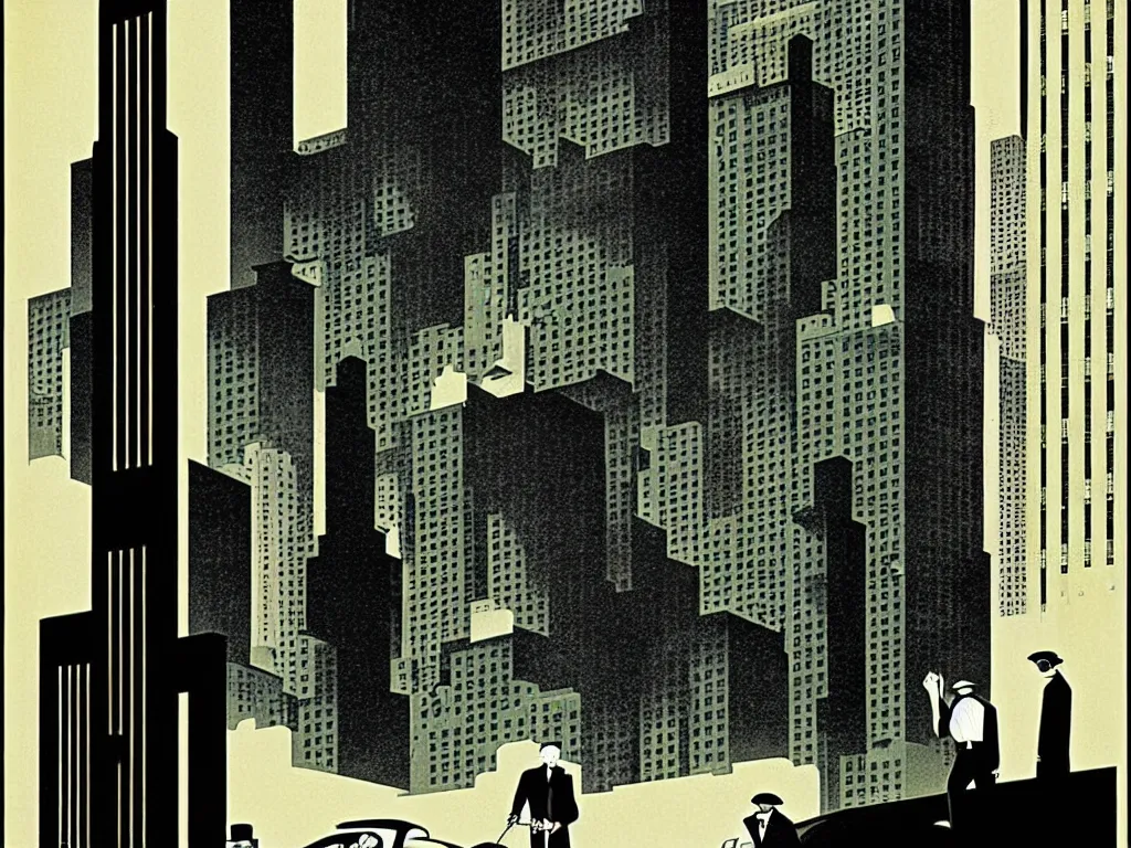 Image similar to two suspicious men in a parked a car in front of a very tall building, desert street, late at night, dimly lit, gangster, film noir, upscale 1920, relaxed poose, art deco, artwork by coles phillips, post processing, intricate, grim yet sparkling atmosphere, cinematic lighting, art nouveau