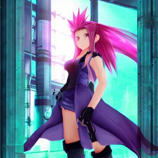 Image similar to final fantasy vii 7 aerith aeris, sci fi fantasy, blue pink green, night industrial environment