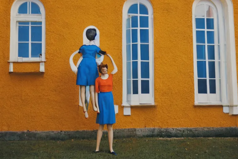 Image similar to giant flower head, girl standing, 1 9 6 0 window, surreal photography, symmetry, mid century, flat perspective, bright colours, blue sky, realistic, wes anderson