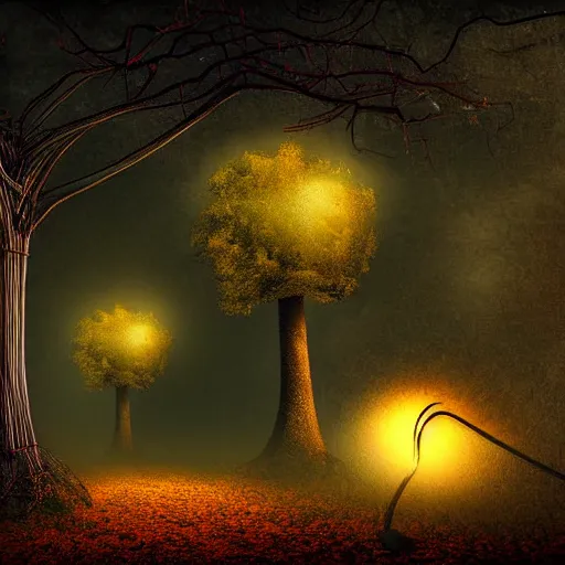 Image similar to mushroom, trees, wires, nightmare like dream, scary, dramatic lighting, 3 d digital art