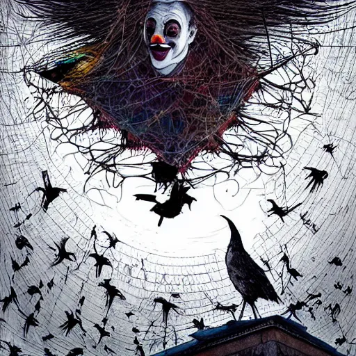 Image similar to A clown on the roof of the church playing with crows, by Android Jones and M. C. Escher collaboration, futurist, digital art, dramatic lighting, symbolic