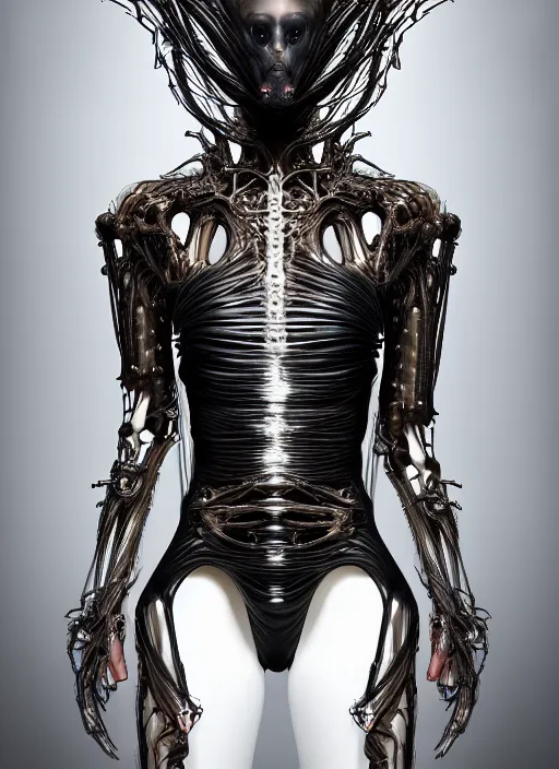 Image similar to iris van herpen gothic inflateble dark dress, perfect symmetrical body, helmet on face, full body shot, alien, plant predator, guyver, giger, wires, tubes, veins, jellyfish, white biomechanical details, wearing epic bionic cyborg implants, masterpiece, intricate, biopunk, vogue, highly detailed, artstation, concept art