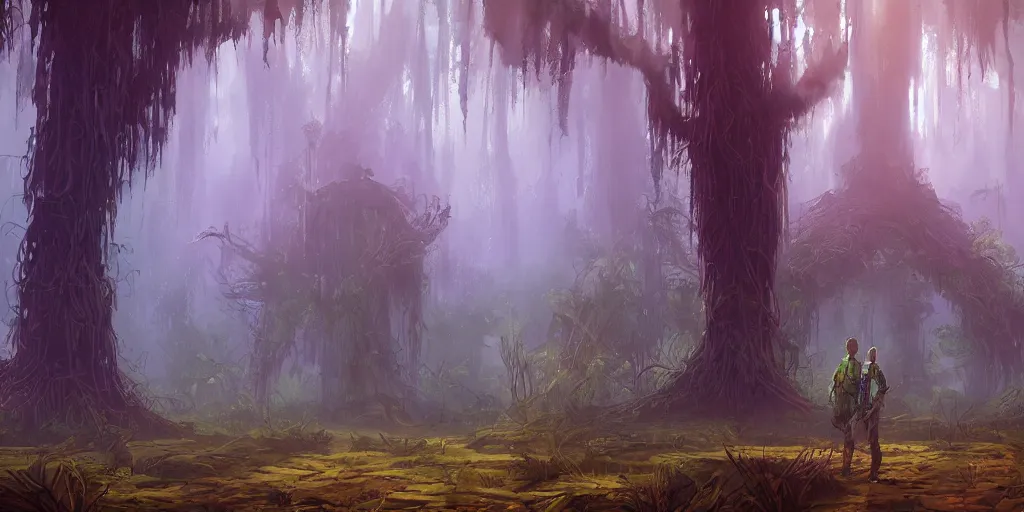 Prompt: reed - people in futuristic spiritual mystical post apocalyptic swampy forest drawn by ron gilbert, dim painterly volumetric aquatic lighting, scenic, beautiful, crisp, artstation, highly detailed