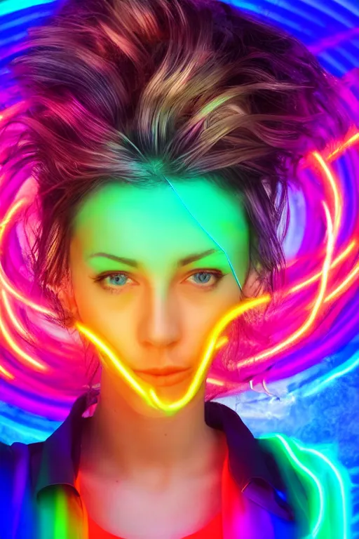 Image similar to a award winning half body portrait photograph of a beautiful woman with stunning eyes in a croptop and cargo pants with rainbow colored hair, routlined by whirling illuminated neon lines, fine rainbow colored lines swirling in circles, outrun, vaporware