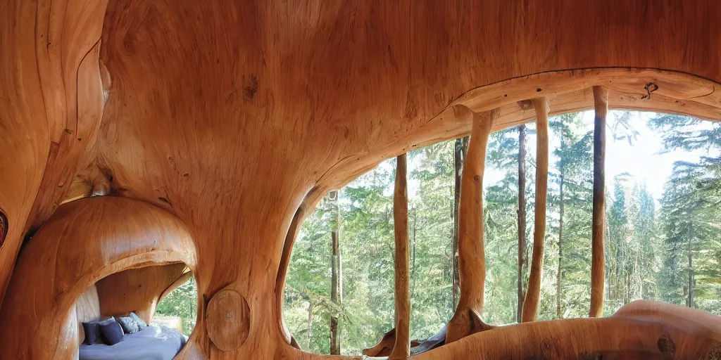 Image similar to large treehouse residence made from an enormous mushroom, pacific northwest, incorporating round doors