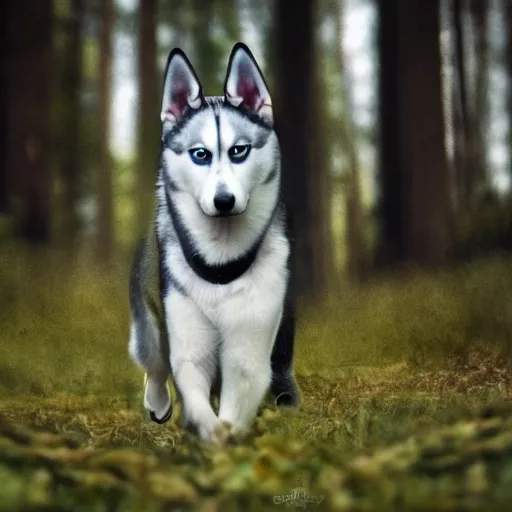 Prompt: 4 k photograph of slenderman husky dog