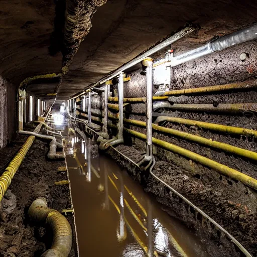 Image similar to deep underground tunnel, flooded, dirty water, dense rusty pipes network, dense cables network, mold