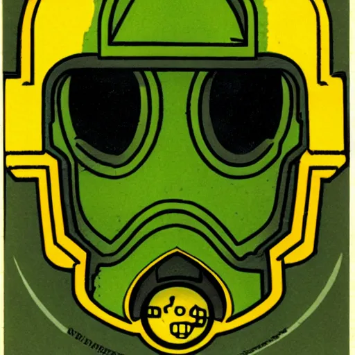 Prompt: portrait of a mutant chronicles bauhaus doomtrooper, wearing green battle armor, a yellow smiley sticker centered on helmet, by moebius