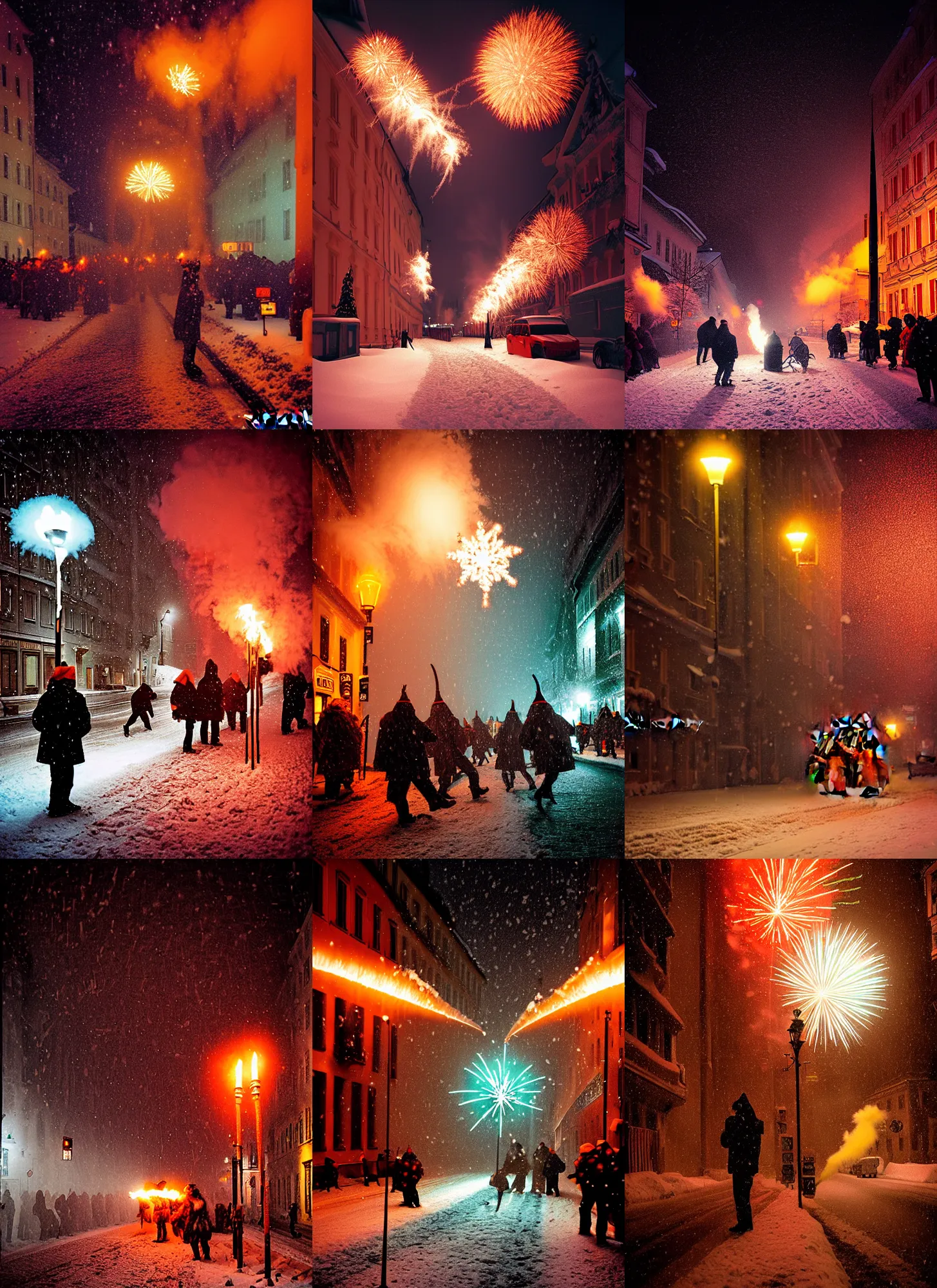 Image similar to kodak portra 4 0 0, winter, snowflakes, snowstorm, award winning dynamic photograph of a bunch of hazardous krampus by robert capas, in muted colours, striped orange and teal, motion blur, on a street in salzburg at night with colourful pyro fireworks and torches