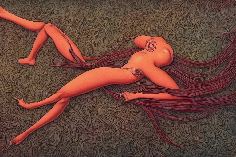 Image similar to top view, full body, lying beautiful mulatto girl inside the venus flytrap, silk fabric, gorgeous, intricate, in the style of Jin Kagetsu, James Jean and wlop, Zdzisław Beksiński style, hyperdetailed, sharp focus, intricate concept art, digital painting, ambient lighting, 4k, artstation trending on Gsociety, trending on ArtstationHQ, trending on deviantart, professionally post-processed, wide-angle action dynamic portraithyperdetailed, hyper quality, 16K