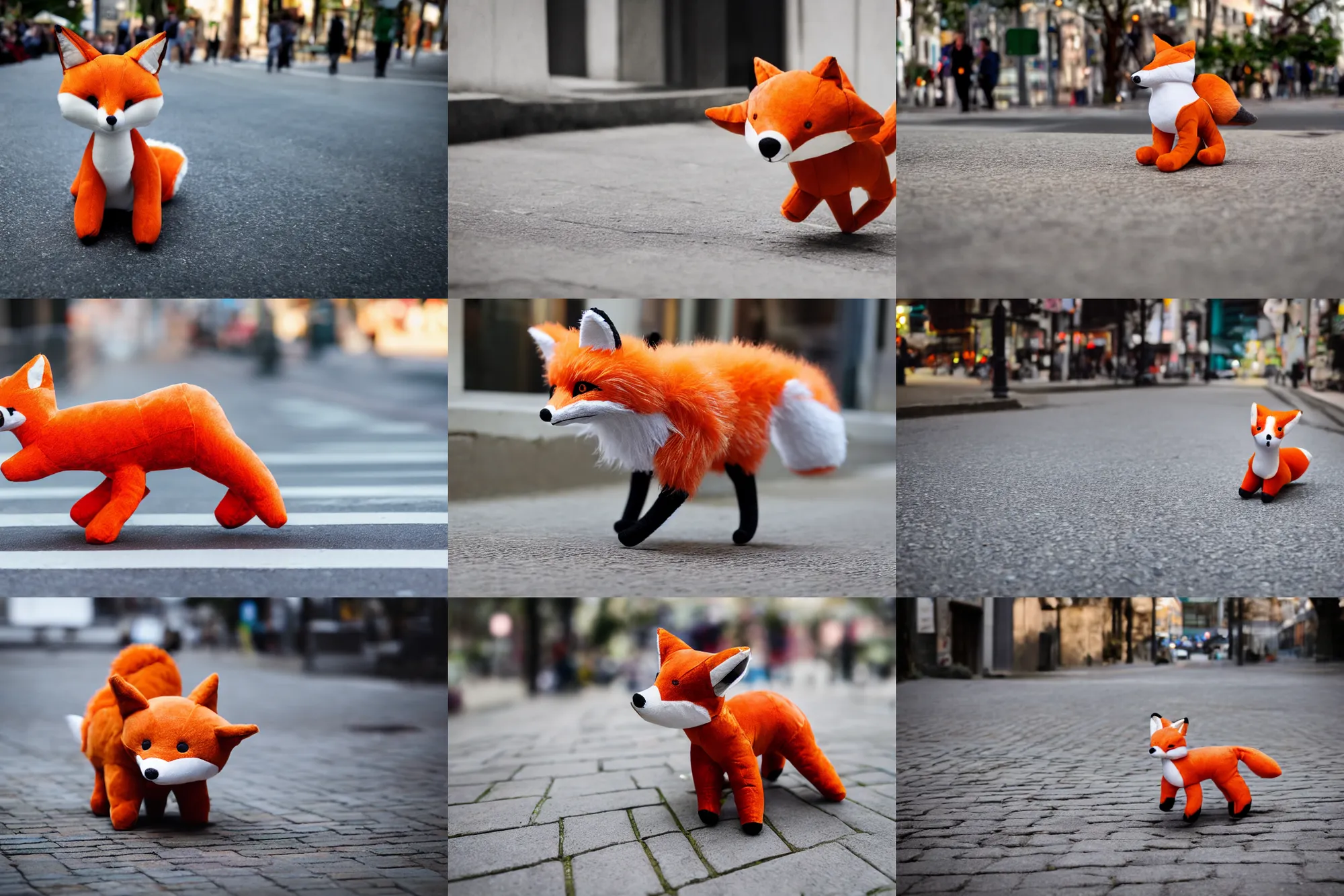 Prompt: A fabric stuffed animal toy fox plushie sitting on the sidewalk and wagging its tail rapidly, dynamic, motion blur, 1/4 shutter speed, award winning photography