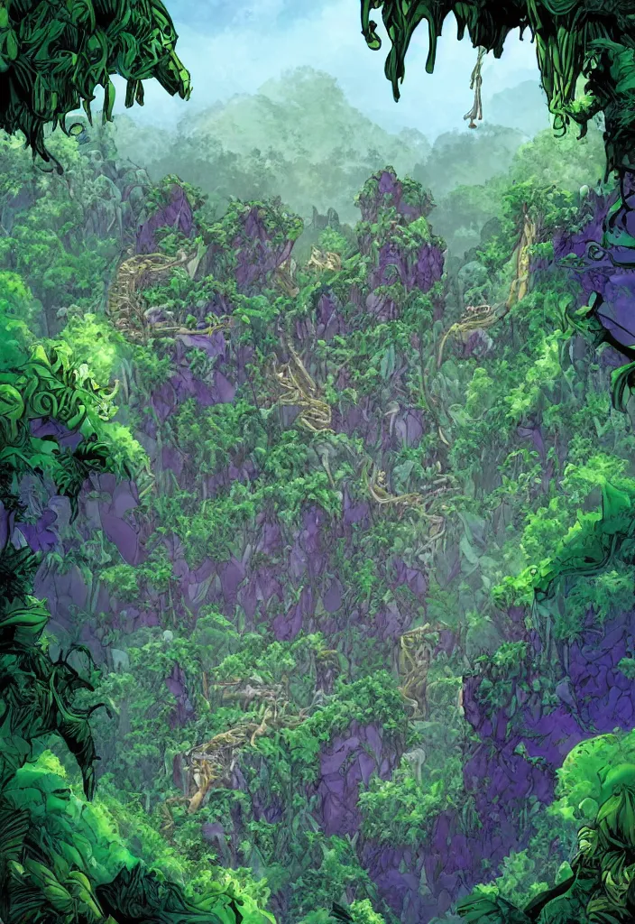 Prompt: A comic book cover of a jungle and rope bridge, looking up at a mountain with giant crystals and gems growing out of it. fantasy artstation, epic, vibrant green and purple