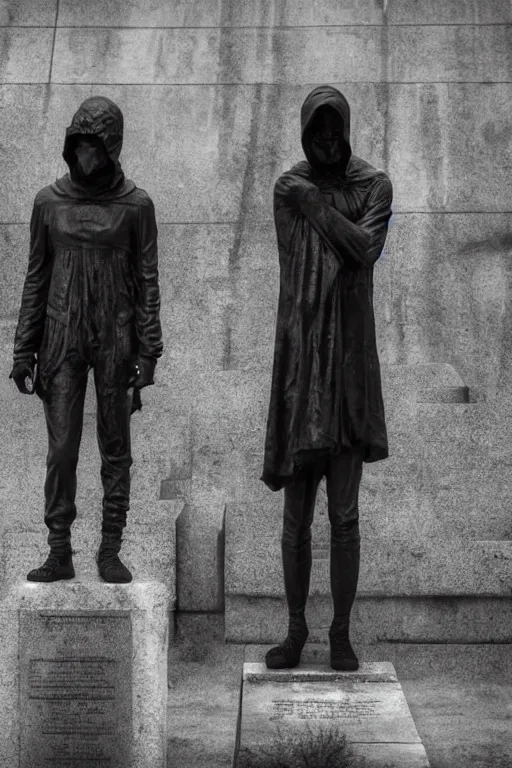 Prompt: two people are standing in some cemetry statue with black hoodie stylish handling knife and white porcelent mask sharp creepy and dark photorealism intricate professional photography cinematic photography wide angle natural grid posisition centered reflection realistic detailed proportionate intricate sharp focus black white background