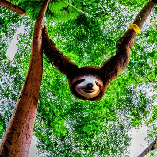 Prompt: a sloth hanging from a branch wearing green and yellow glasses, hd photo, from below, fish-eye lens