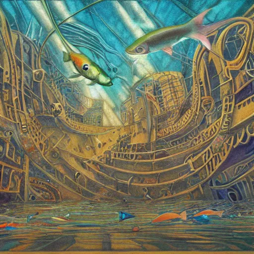 Prompt: fish swimming through the center of a destroyed flooded city, surrealism, deep aesthetic, abstract realism, highly ornate intricate details, 1 9 2 0's colored pencil, 4 k, cinematic lighting,