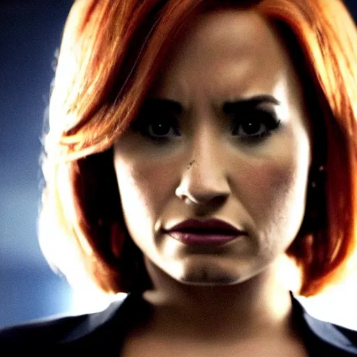 Image similar to close-up of Demi Lovato as Dana Scully in an X-Files movie directed by Christopher Nolan, movie still frame, promotional image, imax 35 mm footage