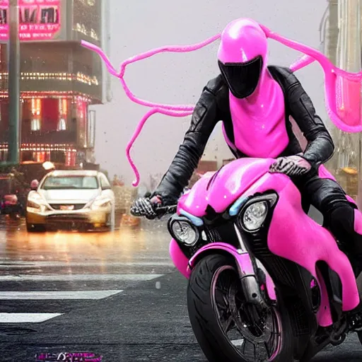 Image similar to hyper realistic, photo, humanoid pink female Squid girl, popping motorcycle wheelie on fast in the rainy city traffic