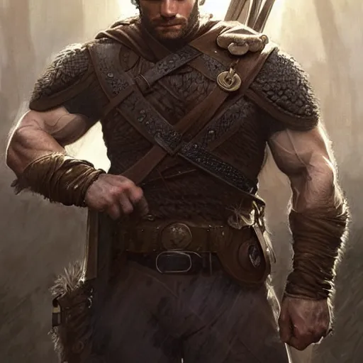 Image similar to Henry Cavill is a rugged ranger, D&D, muscular, fantasy, intricate, elegant, highly detailed, digital painting, artstation, concept art, smooth, sharp focus, illustration, art by artgerm and greg rutkowski and alphonse mucha