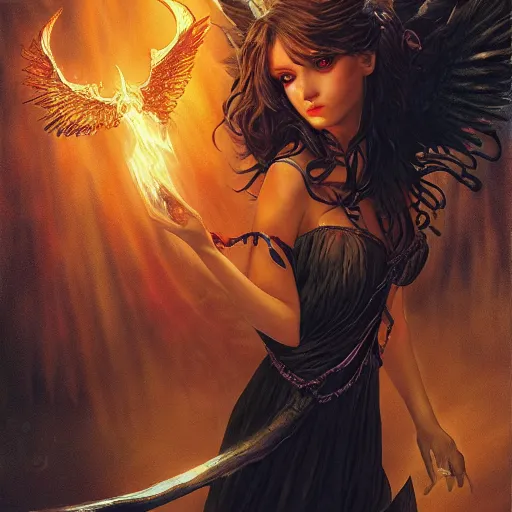 Image similar to young vampire princess with burning wings 4 k high definition gorgeous dramatic lighting artstation trending path traced contrast light and dark cinematic breathtaking by noriyoshi ohrai, patrick woodroffe, and hans zatzka