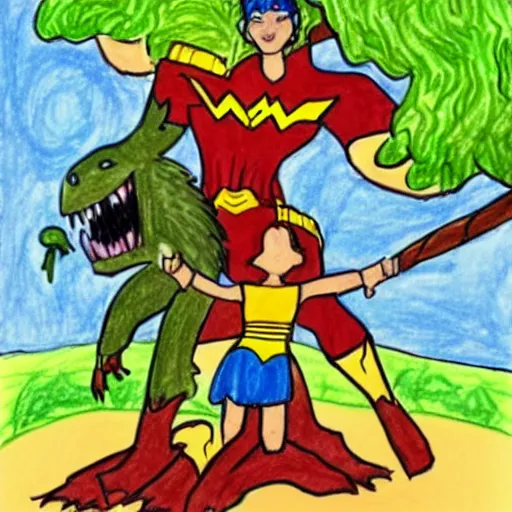 Image similar to child's drawing of wonder woman fighting a tree monster.