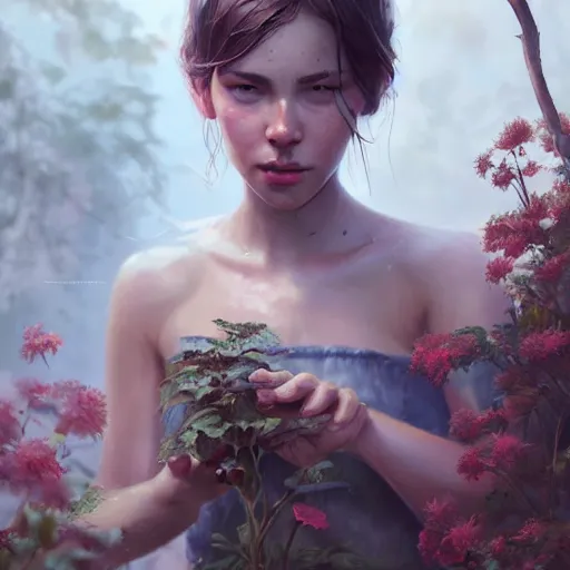 Image similar to a beautiful girl is taking care of the garden in a beautiful and varied vegetation dream garden with quality pruning shears, artstation greg rutkowski, cinematic, hyperrealist, beautiful face and features, the most beautiful girl digital art, light essential calm quality wlop projection render