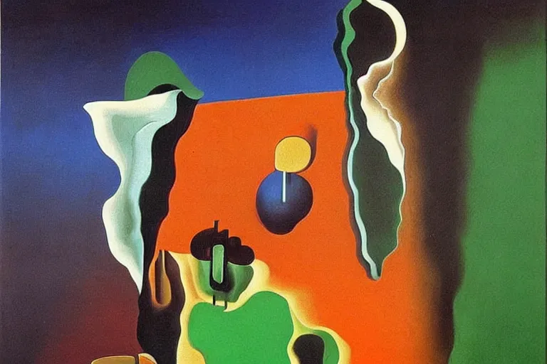 Image similar to born under a bad sign, good luck and trouble are my only friends, colors orange, white!!, dark green, dark blue, surreal abstract painting by salvador dali