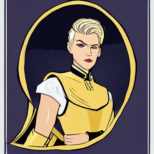 Image similar to character concept art of stoic heroic emotionless handsome blond butch tomboy woman with very short slicked-back hair, in princely white and gold masculine satin uniform with gold cape and boots, romantic, science fiction, atompunk, illustration