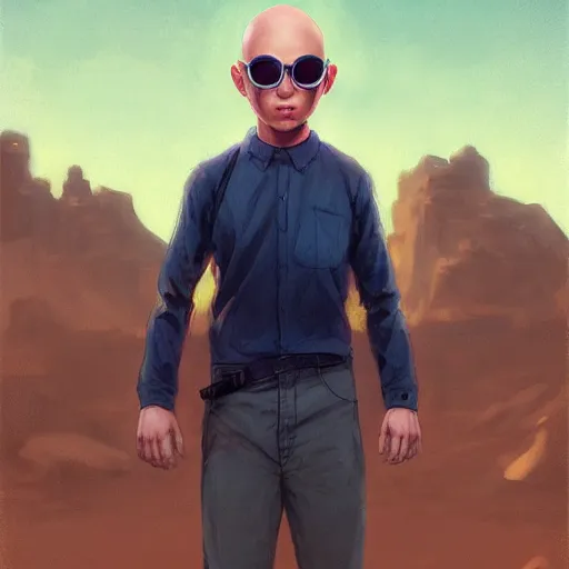 Prompt: a bald anime boy with small sunglasses in a martian city, on mars, holding cinema camera, detailed realistic shirt, detailed realistic face, photorealistic oil painting, digital art, by charlie bowater, by jeremy lipking, by makoto shinkai, octane render