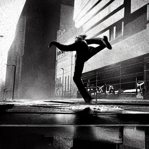 Image similar to a highly detailed epic cinematic black and white cyberpunk artwork photograph inspired by Henri Cartier-Bresson's Behind Gare Saint-Lazare, man jumping over a puddle of water. World Press Photo winner, enhanced and corrected in Photoshop, octane render, excellent composition, cinematic atmosphere, dynamic dramatic cinematic lighting, aesthetic, very inspirational, arthouse