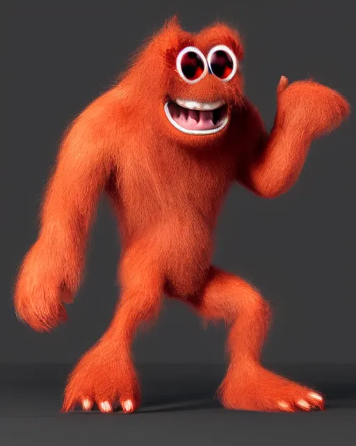 Image similar to 3 d render of completely red hairy friendly antropomorphic cartoony creature wearing chrome shades, without nose, full body, in the style of pixar, simple, cute, white background, unreal engine 5, octane render, highly detailed hdr