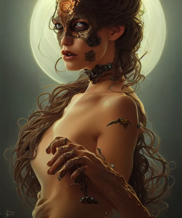 Image similar to Halloween woman portrait, sci-fi, amber eyes, face, long hair, fantasy, intricate, elegant, highly detailed, digital painting, artstation, concept art, smooth, sharp focus, illustration, art by artgerm and greg rutkowski and alphonse mucha