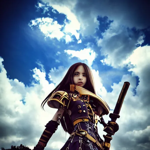 Prompt: anime girl with steampunk armor and weapons posing in front of a massive castle, finely detailed, epic, cinematic lighting, beautiful, clouds, sky, sunny, grass, trees, sharp focus, anime, full body portrait,