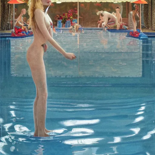 Prompt: Elle Fanning at the pool, stormy weather, extremely detailed masterpiece, oil on canvas, Roger Deakin’s cinematography, by Norman Rockwell,