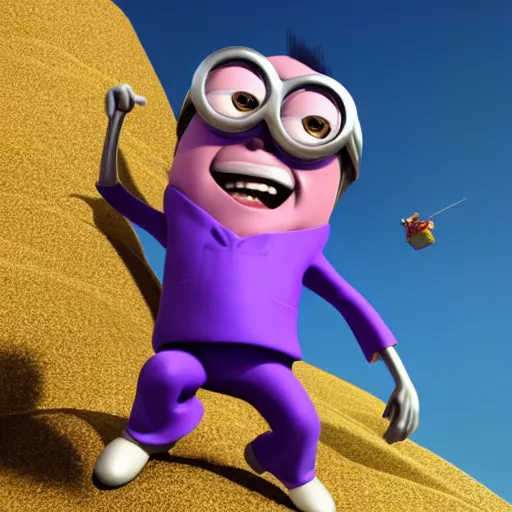Prompt: purple minion in suit climbing a mountain, 3 d render, top down view
