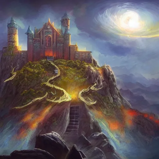 Image similar to a castle on a flying island, masterpiece, flying island on the sky, magic the gathering coloring style, epic fantasy style art, fantasy epic digital art, epic fantasy card game art