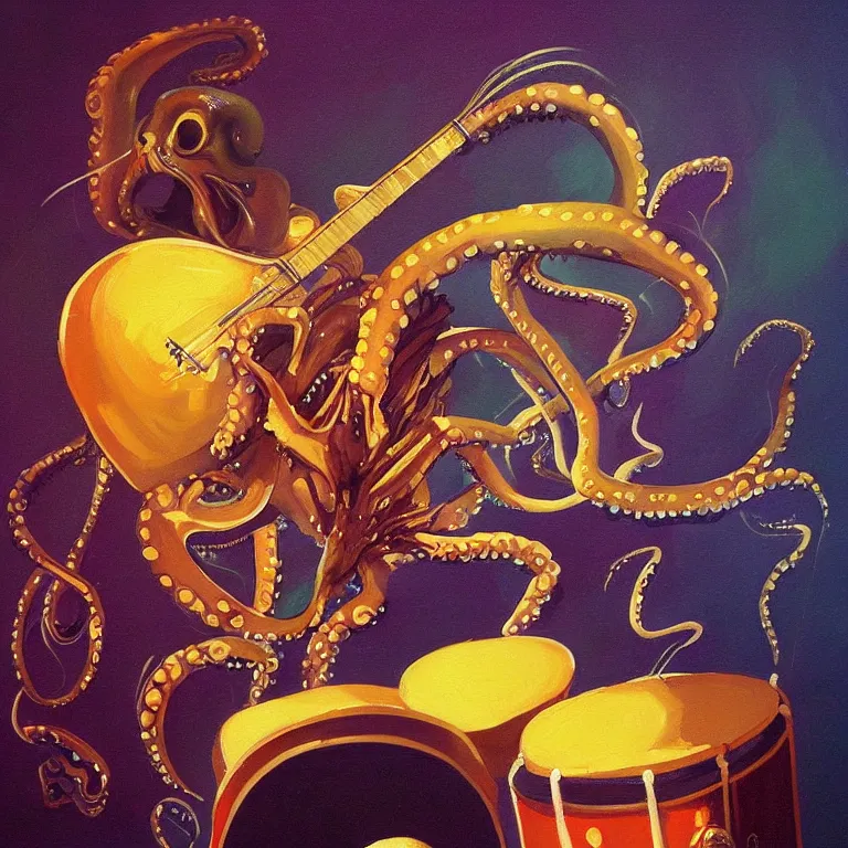 Prompt: a beautiful painting by greg tocchini of an octopus playing drums and telecaster guitar in an electronic concert, dark background, concert light, dark mood, warm lights