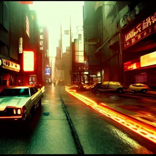 Prompt: . diffusion movie shot from blade runner, cyberpunk, journey across the urban district | neverland and the gateway between dreams by blade runner, rendered in unreal engine