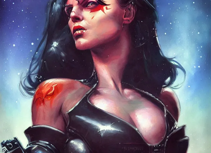 Image similar to portrait of female space pirate, night sky background, beautiful! coherent! by brom, deep color, strong line, high contrast