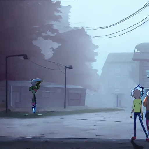 Image similar to rick and morty next to a school in foggy silent hill, artstation